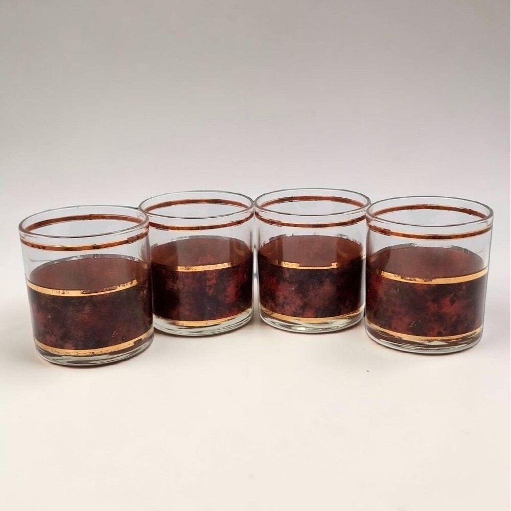 Culver Tortoiseshell Brazilian Brown Lowball Glasses 22K Gold Barware Set of 4
